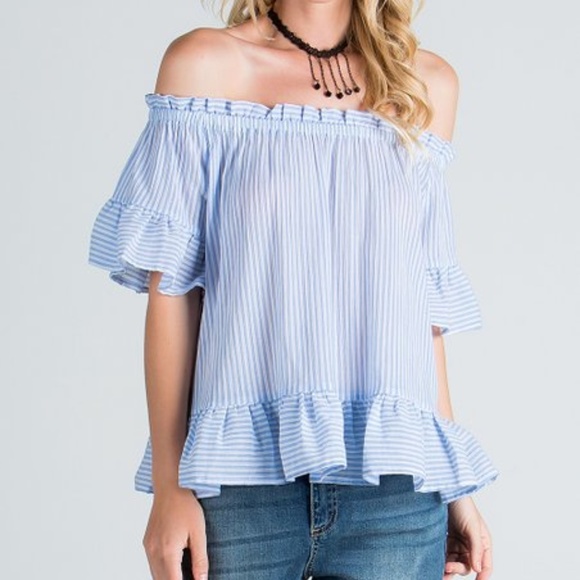 Miss Love Blue Stripe Ruffle-Trim Off-Shoulder Top Size M - Picture 1 of 5